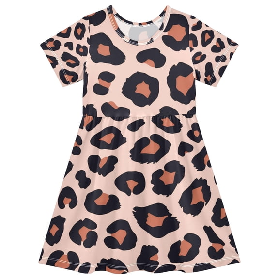 Brown Leopard Print Pattern Girls Short Sleeve Dress A Line Sun Protection Breathable Comfort Sundress 2T