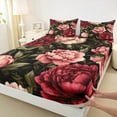 thumbnail image 3 of Manfei Vintage Red Pink Peony Twin Sheet Sets 3 Pieces, Tropical Floral Flower Twin Fitted Sheet, Garden Blossoms Flat Sheet, Black Green, 3 of 7