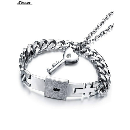 Spencer Titanium Steel Women Chain Bracelets Lover Concentric Lock Key Pendant Jewelry Set for Couple Anniversary Gifts