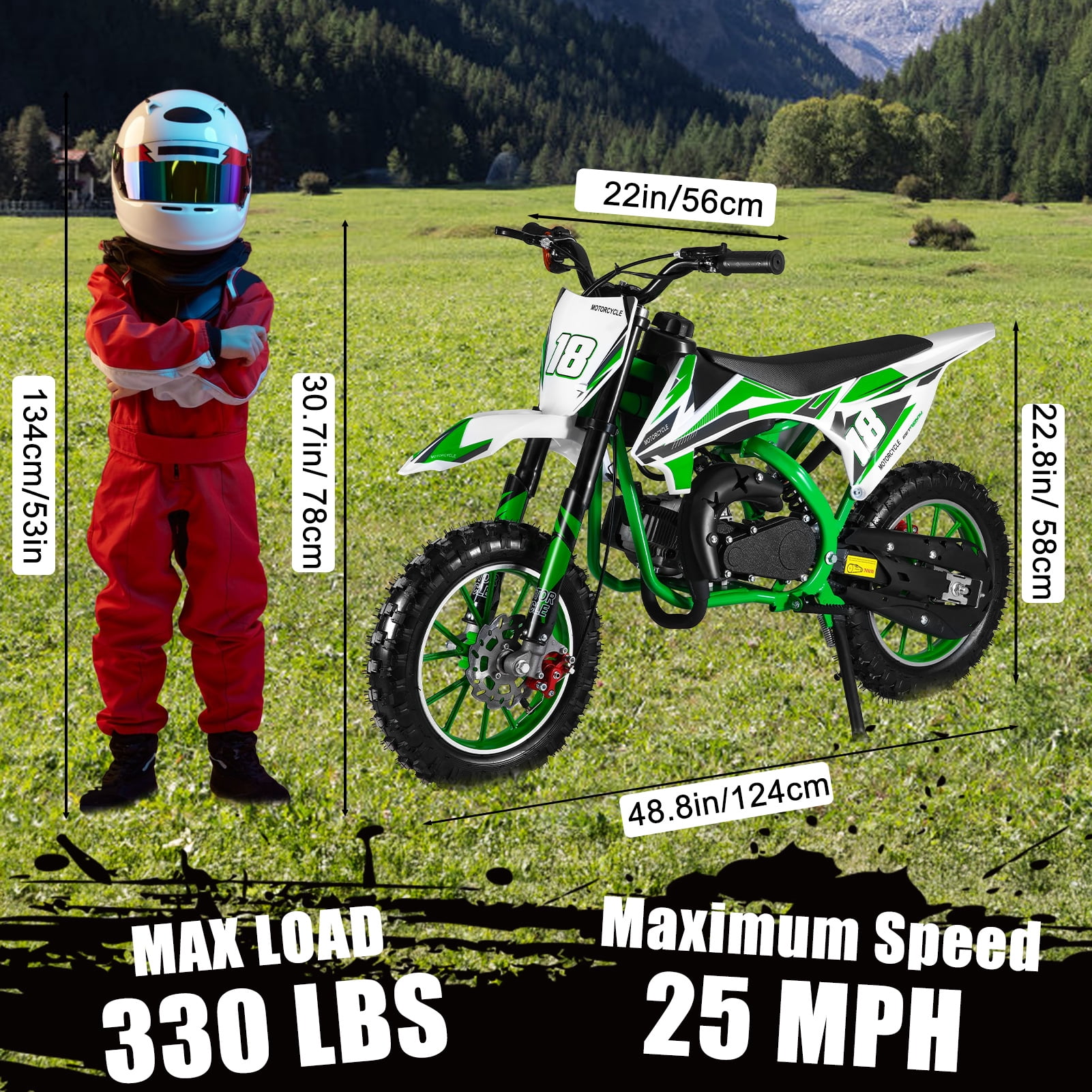 Bremoi 49cc Mini Dirt Bike 2-Stroke Kids Gas Bike with Off-Road Tires Shock Absorption Springs Soft Seat Cushion Max Load 330Lbs Pull Start Cooperate Disc Brakes and Up to 25mph  Green