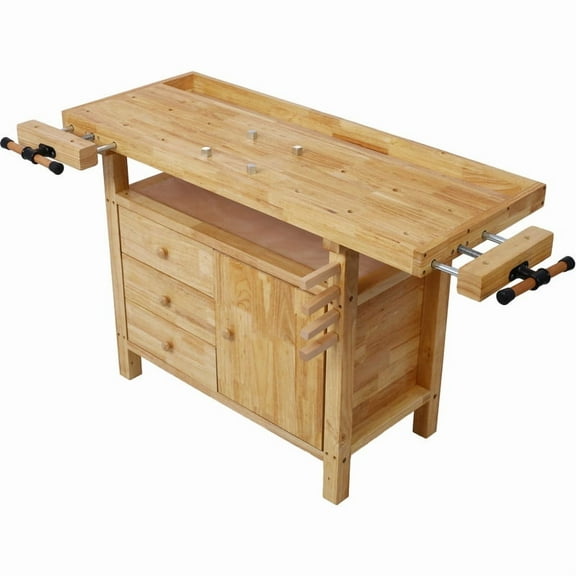 55" × 24.5" Wood Workbench with Four Drawers, Adjustable Handles, Rubber Wood, Durable & High-Quality