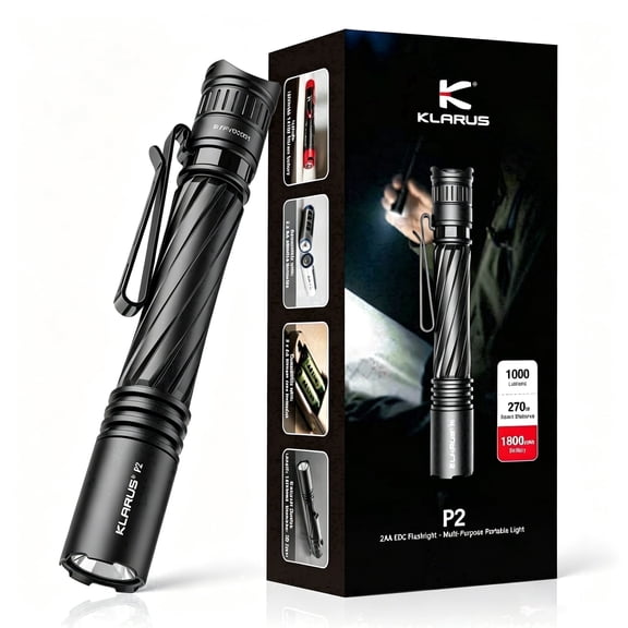 Klarus P2 Tactical Pen light, 1000 Lumens,IPX8 Waterproof, 1800mAh USB-C Rechargeable, Pocket Flashlight,Black,1 Park