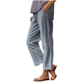 thumbnail image 3 of Delayuji Plaid Linen Pants For Women Loose Elastic Waist Casual Summer Palazzo Pants With Pockets, 3 of 4
