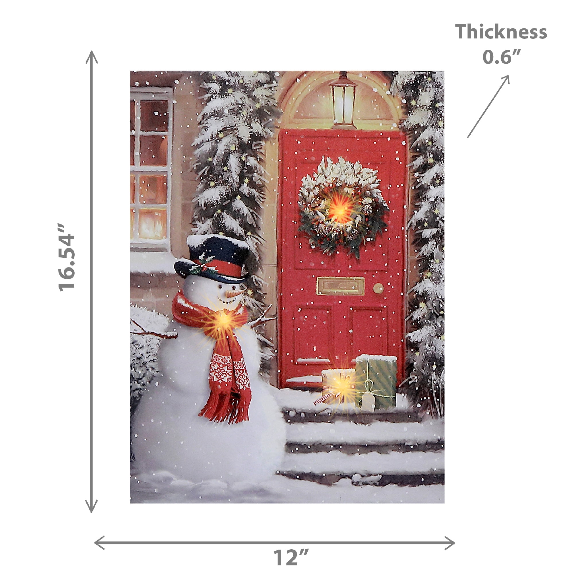 Led Canvas Wall Art (Snowman Red Scarf At Front Door)