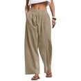 thumbnail image 2 of Nestiefly Linen Pants Women Wide Leg Palazzo Pants Flowy Elastic Waist Summer Beach Casual Trousers with Pockets Khaki M, 2 of 5