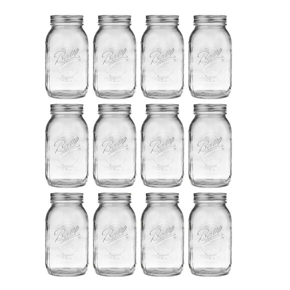 Ball Jars Regular Mouth Clear Glass Canning 32 Oz Mason Jars w/ Lids, 12 Pack