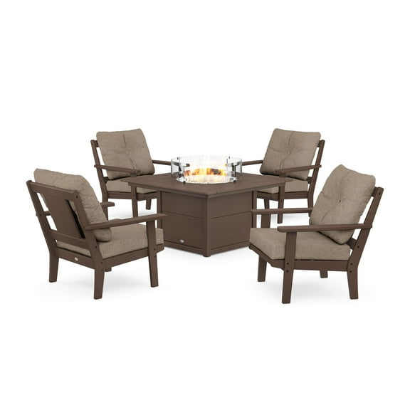 POLYWOOD® Prairie 5-Piece Deep Seating Set with Fire Pit Table in Mahogany / Spiced Burlap