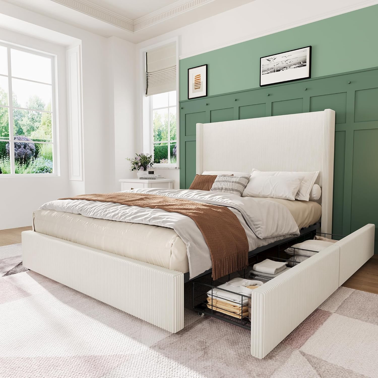 Queen Size Bed Frame with Storage Drawers, Corduroy Upholstered Platform Bed with Wingback, Tufted Headboard and Footboard, No Box Spring Needed, Beige