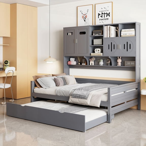 Full Size Wooden Daybed with Twin Size Trundle, All-in-One Cabinet & Shelf, Gray (Sturdy & Spacious for Bedroom)