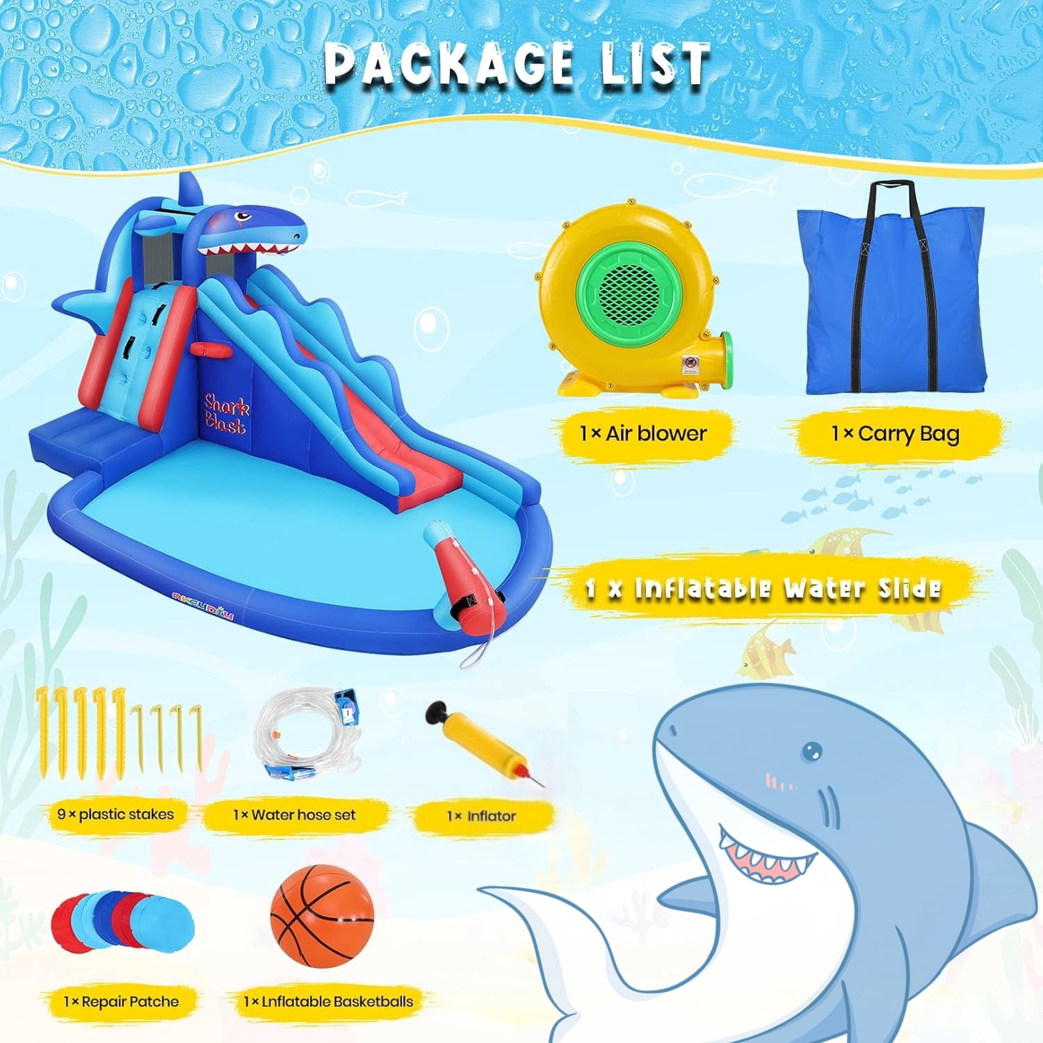 Veeboto Inflatable Water Slide with 480W Blower, Indoor and Outdoor Shark Design Bouncy House with Slide, Climbing Wall, Pool, Water Cannon, Water Park Suitable for Ages 3-8