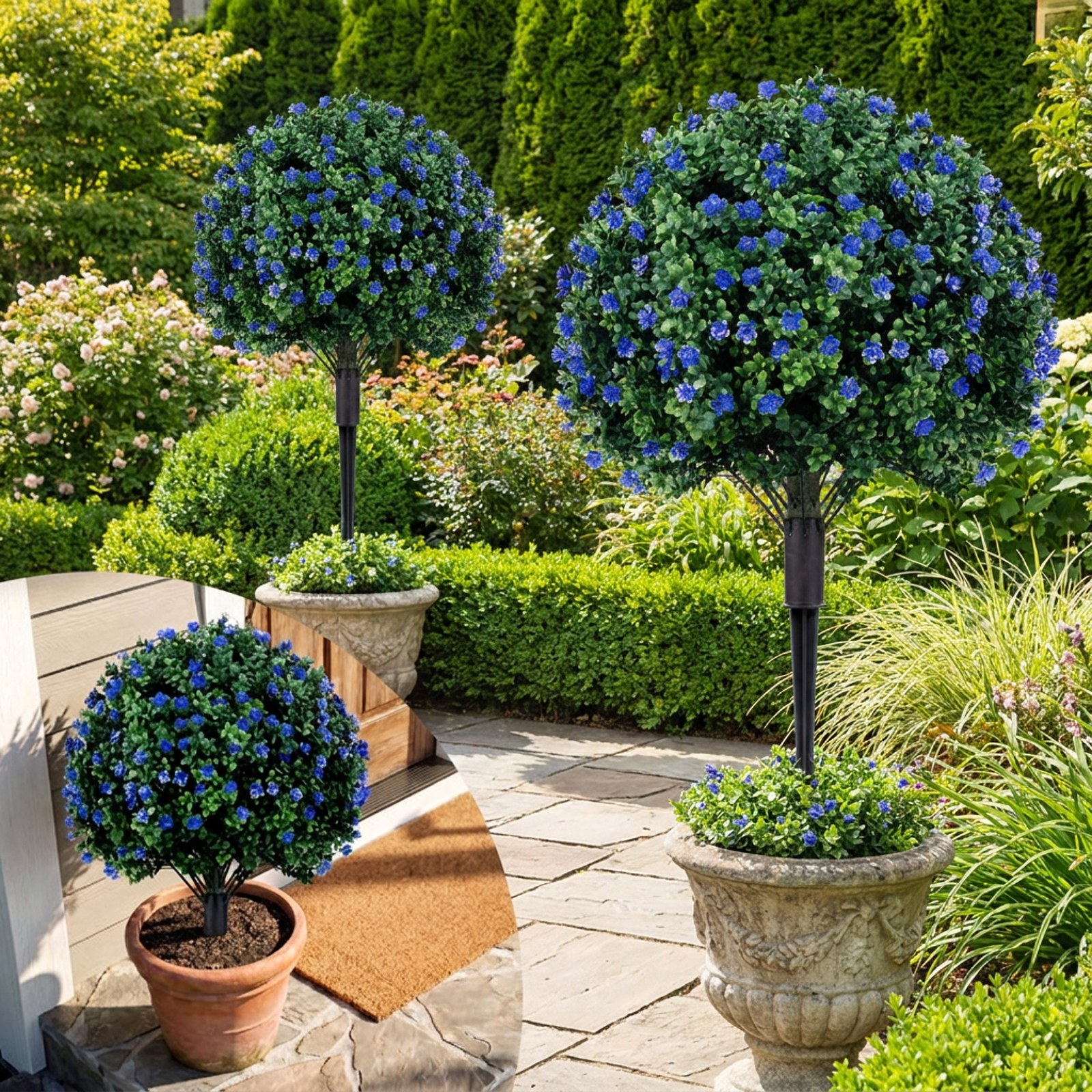 Vebreda Artificial Plant Decor, 2 Pack Artificial Camellia Boxwood Topiary Ball Trees 27.5 Inches Faux Floral Shrubs, Built for Long-Term Use
