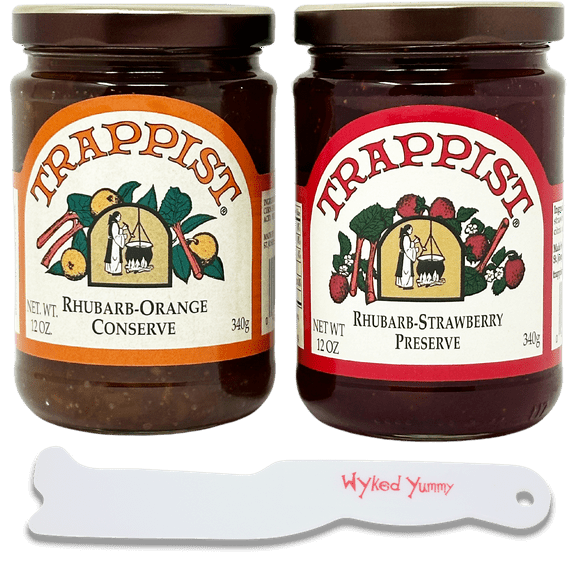 Strawberry Rhubarb Jam Orange Rhubarb Jelly Bundle - With (1) 12oz Trappist Preserves Rhubarb-Strawberry Preserve, (1) Rhubarb-Orange Conserve and (1) Wyked Yummy Plastic Spreader
