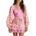 thumbnail image 2 of Yunliwuli Women Long Sleeve Floral Dress Layered Ruffle V Neck Party Mini Dress for Beach Cocktail Club Streetwear, 2 of 10