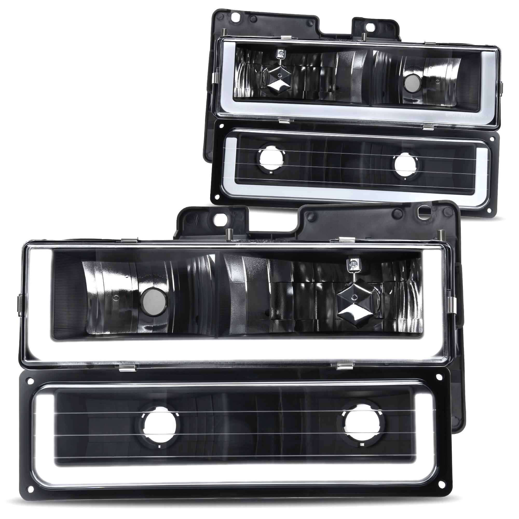 RVNI [U-LED DRL] Headlight+Bumper Lamps For 1990-1999 Chevy GMC C/K C1500 C2500 C3500
