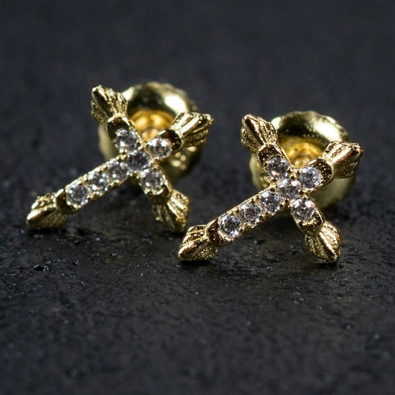 Sparkle Jewels Men's Small Cross Stud Earrings 14k Yellow Gold Plated Silver in White Diamond