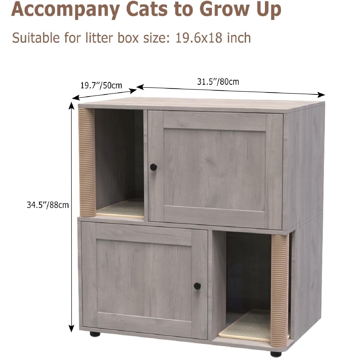 Shininglove Double Cat Litter Box Enclosure Furniture - Hidden 2-Litter Box Cabinet with Scratching Posts, Wooden End Table Design for Indoor Cats (Fits Most 22"x18" Boxes)