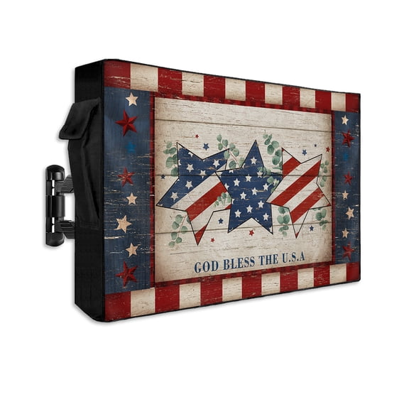 4th of July Outdoor TV Cover 30 to 32 Inch Waterproof, Vintage Eucalyptus Leaves Blue Red Star Independence Day 600D Oxford TV Covers with Zipper, Outside Flat TV Screen Protector 30"Wx19"Hx4.5"D