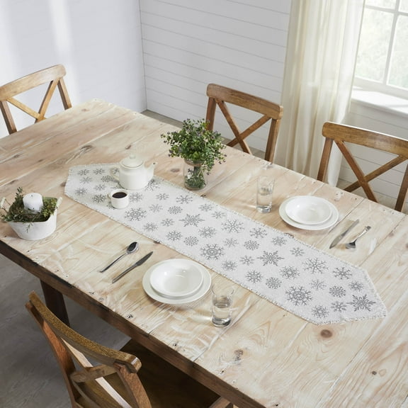 VHC Brands Yuletide Burlap Antique White Snowflake Runner 12x60