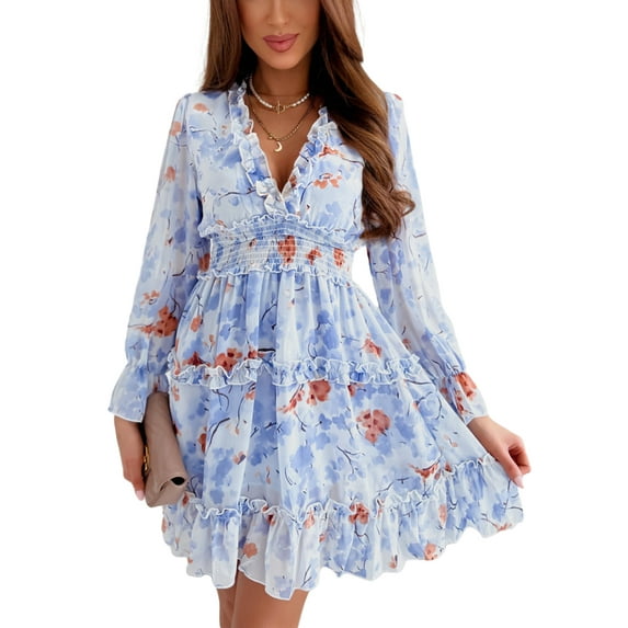 SAYOO Long Sleeve Deep V-Neck Dresses for Women, Long Sleeve Flower Pattern Ruched Waist One-Piece Dress