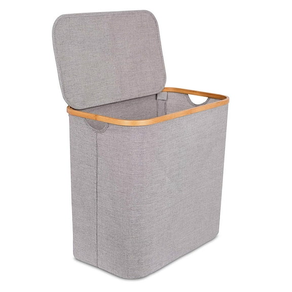 BirdRock Home Bamboo & Canvas Hamper with Cut Out Handles - Grey