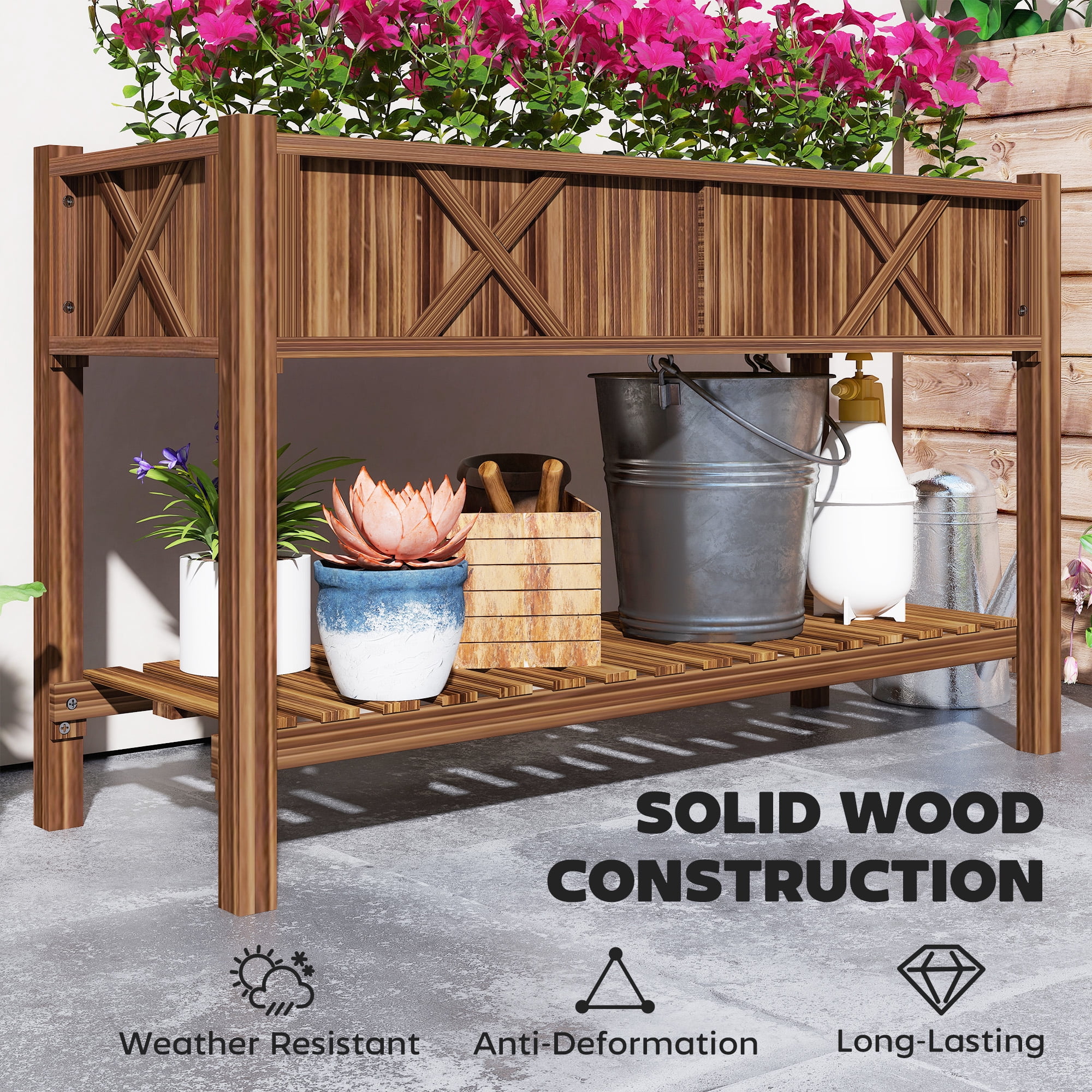 Dual-Tier Raised Garden Bed, Elevated Wood Planter Box with Storage Shelf, Drainage Holes and Liner