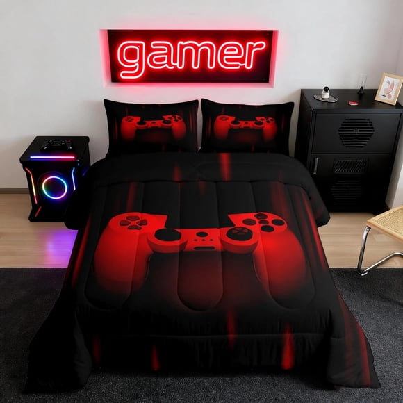 Juego de Edredón para Niños Feelyou Queen Size Gamer Rojo y Negro