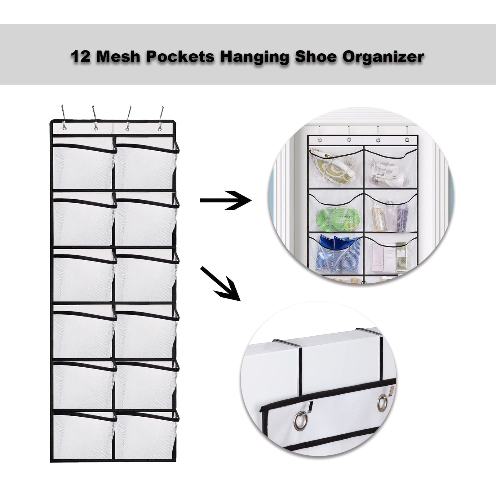 Boots Extra Large over the Door Shoe Rack 12 Mesh Pockets Hanging Shoe Organizer for Men Shoes Size 16, White
