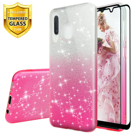 TJS Case Compatible for Samsung Galaxy A20/A30 2019, with [Full Coverage Tempered Glass Screen Protector] Two Tone Shinny Glitter Hybrid TPU Protection Phone Cover Case for Girls Women