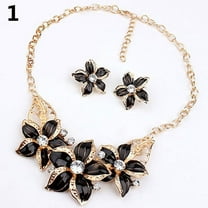 rygai Women Rhinestone Flower Statement Pendant Necklace Earrings Jewelry Set-Black