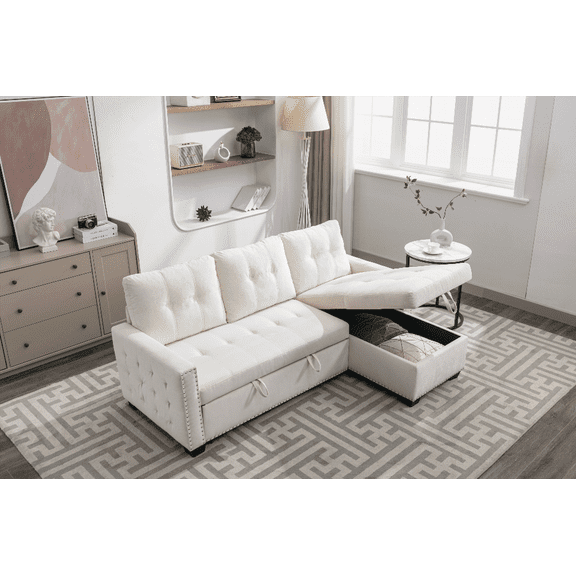 77 Inch Reversible Sectional Sofa with Storage & Sleeper Function, L-Shape 2-Seat Chaise in Beige Velvet for Living Room