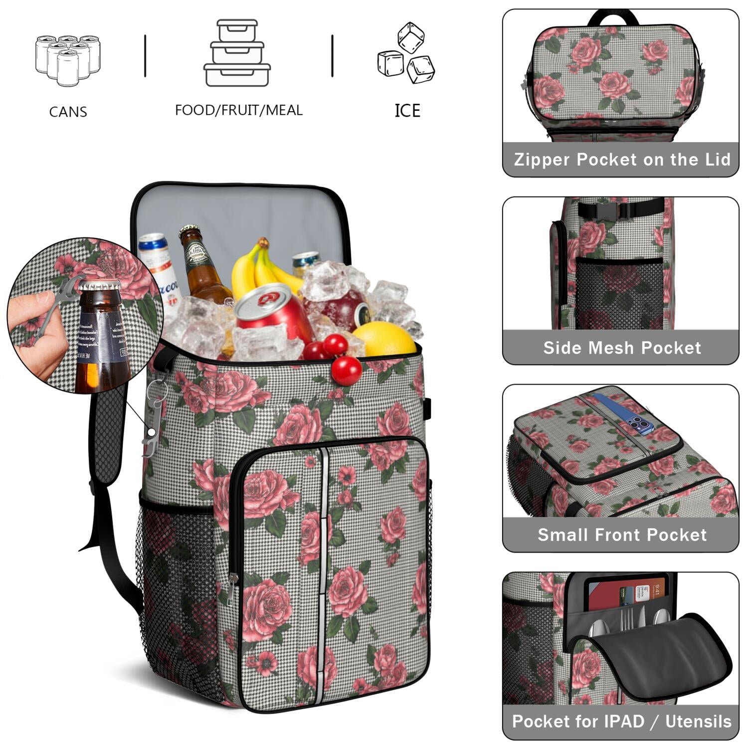 Travel Cooler Bag - Pioneer Flower Camping Beer Cooler Backpack with Bottle Opener- Waterproof Insulated Picnic Backpacks - Cooler Bag for Beach