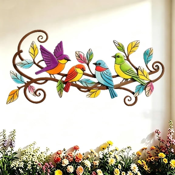 Colorful Metal Bird Wall Decor for Outdoor Patio, Birds on Branch 3D Metal Art, Hanging Ornament for Fence, Balcony, Living Room (1 Piece)