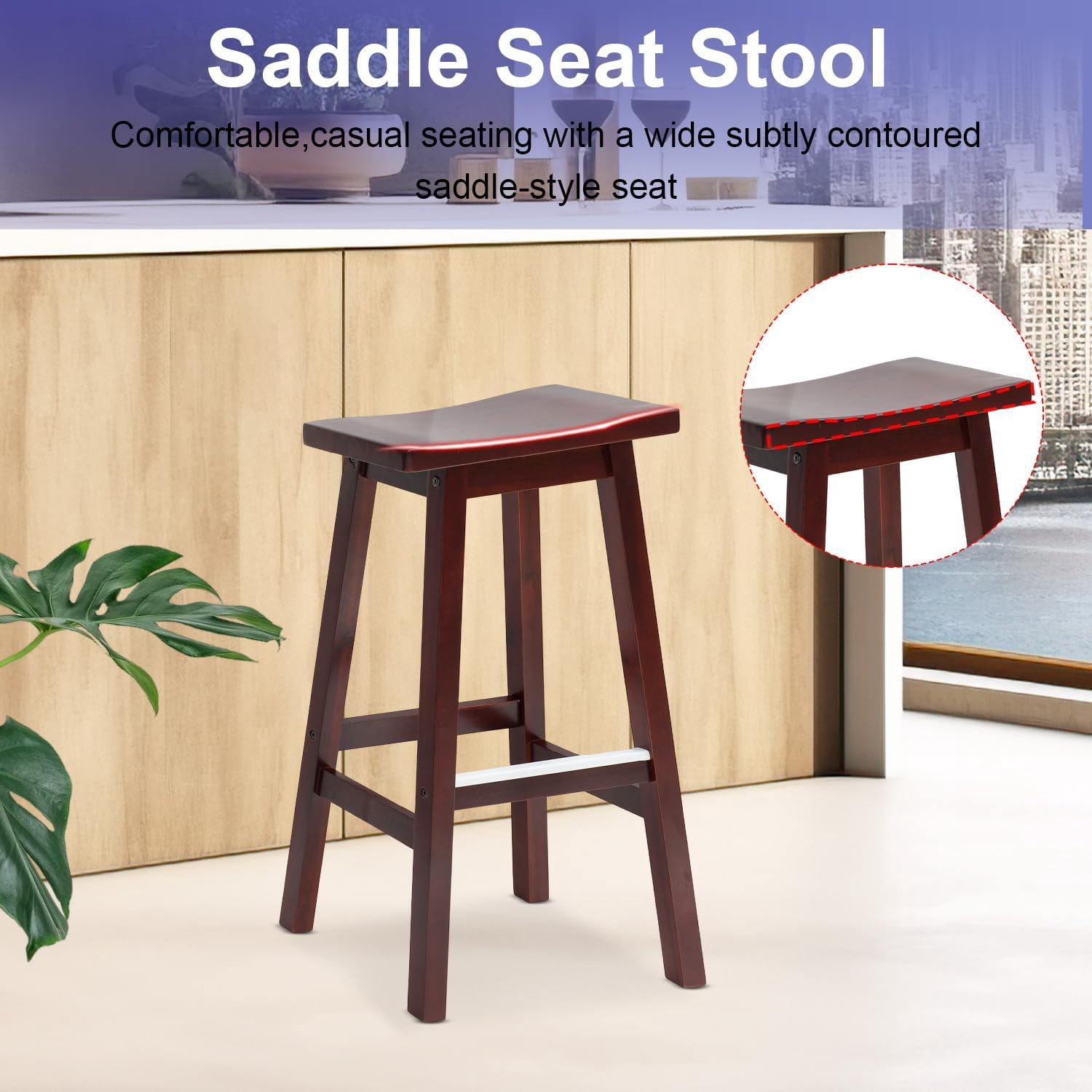 FDW Bar Stools Set of 2 for Kitchen Counter Solid Wooden Saddle Stools 30-Inch Height (Brown, 30 in)