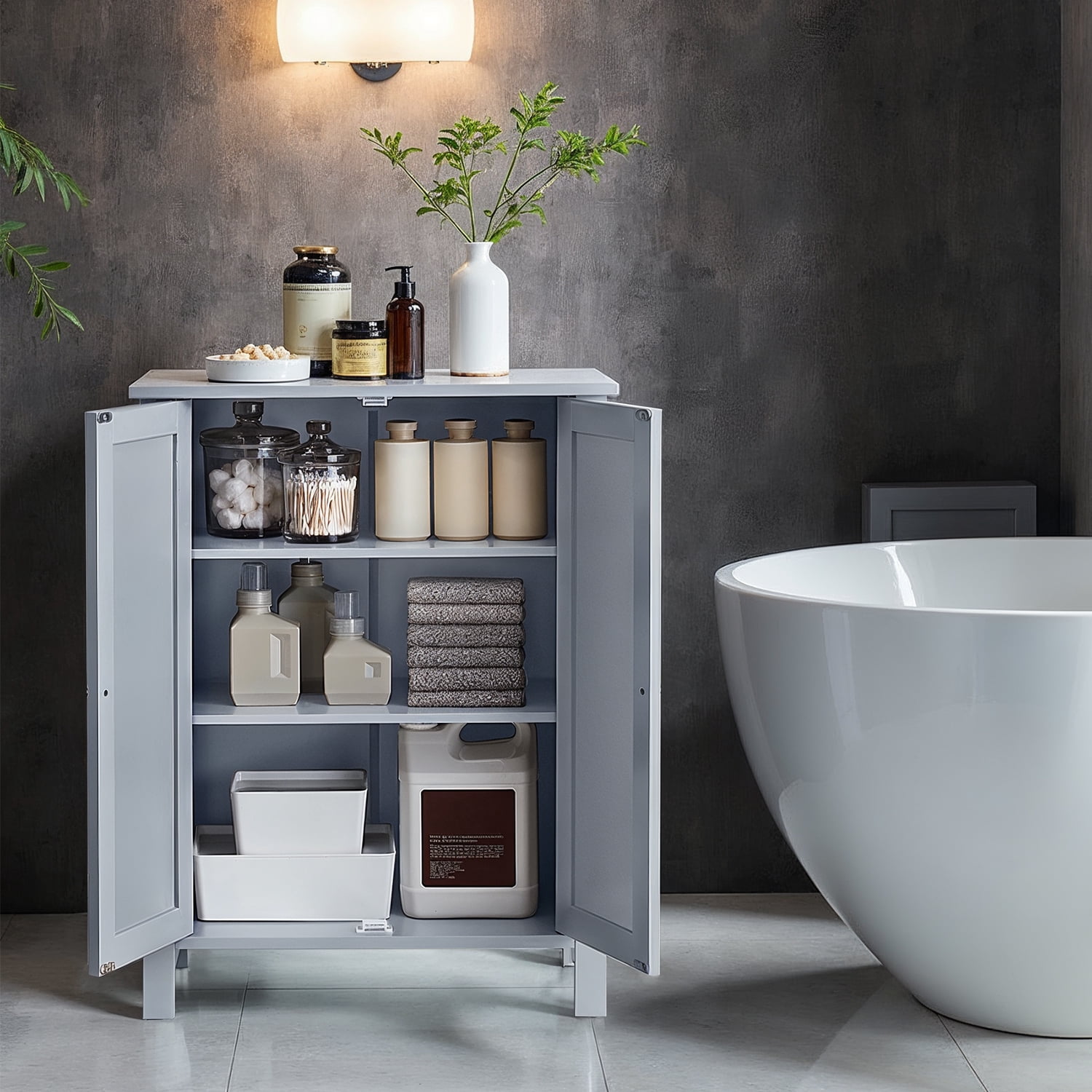 LEDREM Bathroom Cabinets Freestanding, Bathroom Storage Floor Cabinet with Doors and Adjustable Shelves, Dove Gray