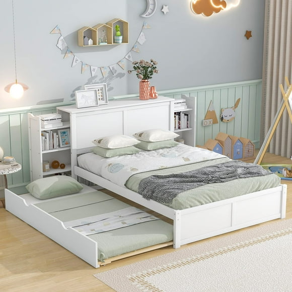P PURLOVE Cadre de Lit Plateforme Format Double avec Tête de Lit Lit Format Double avec Tiroir-Lit et Rangement Lit Format Double avec Étagères Coulissantes pour Enfants Ados, Blanc