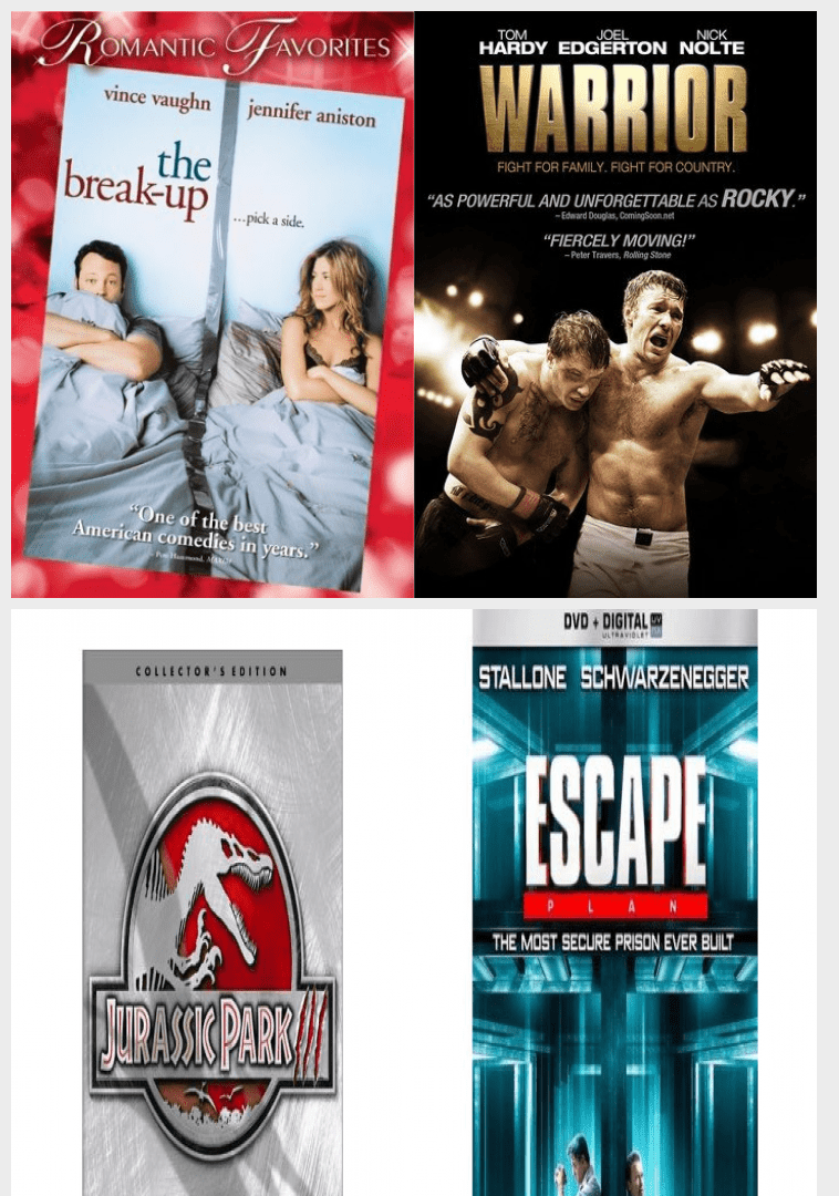 758px x 1080px - Assorted 4 Pack DVD Bundle: The Break-Up, Warrior, Jurassic Park III,  Escape Plan - Walmart.com