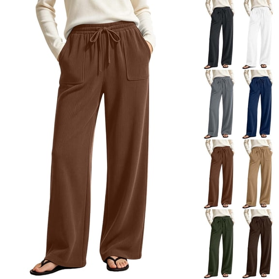 Luvrsol Women Corduroy Wide Leg Pants Elastic Drawstring Waist Loose Straight Casual Long Trousers with Side Pockets S-3XL