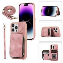 Crossbody Wallet Case for iPhone 13 Pro Max, Zipper Pocket Case with Card Holder, PU Leather Protective Cover Case with Kickstand Detachable Wrist Strap Lanyard for 6.7", Pink