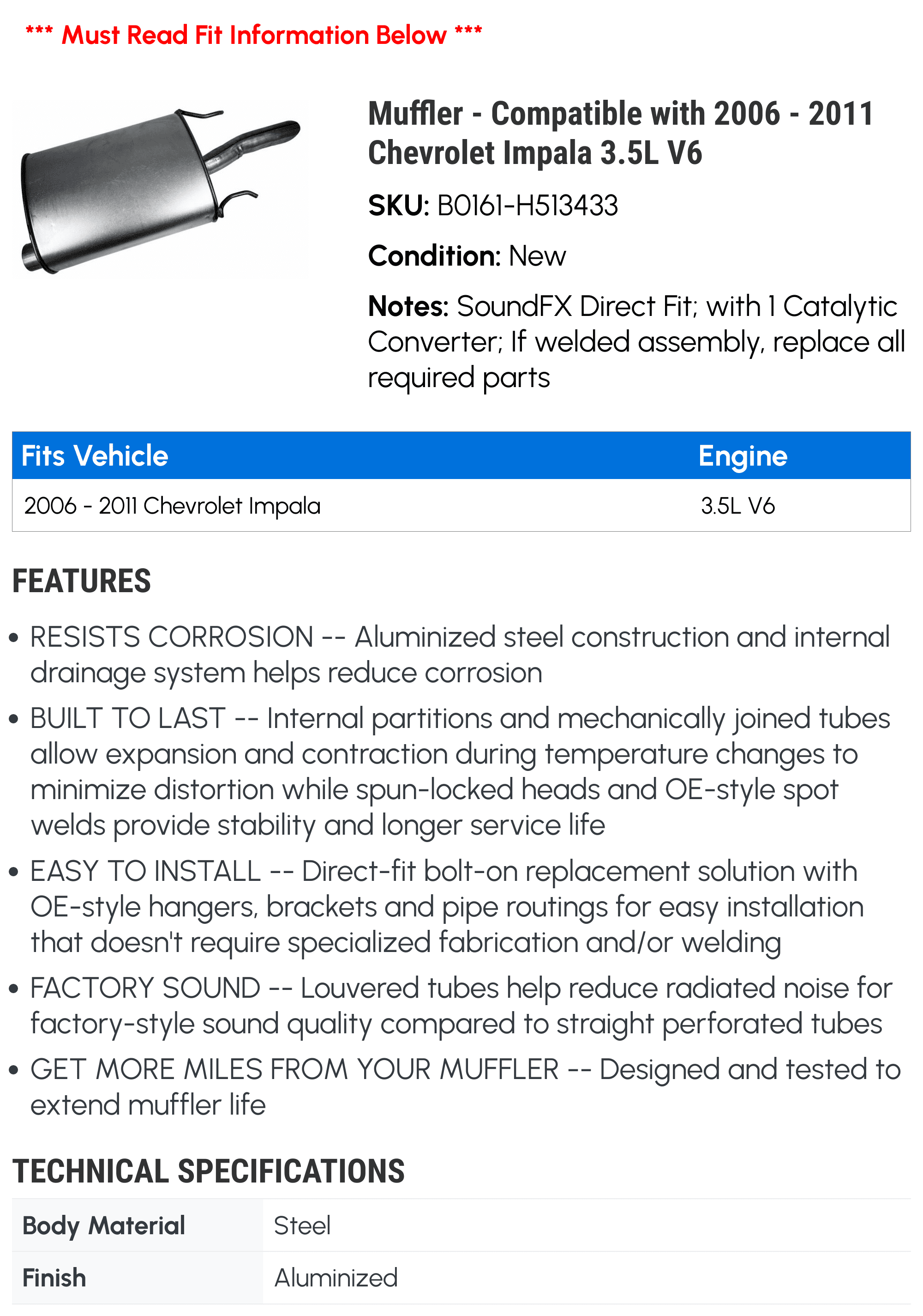 Muffler - Compatible with 2006 - 2011 Chevrolet Impala 3.5L V6 - Walker