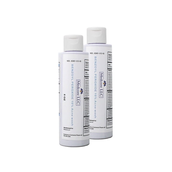 Medcore Benzoyl Peroxide 10% Acne Wash, 5 oz, Acne Treatment Face & Body Cleanser 2 Pack