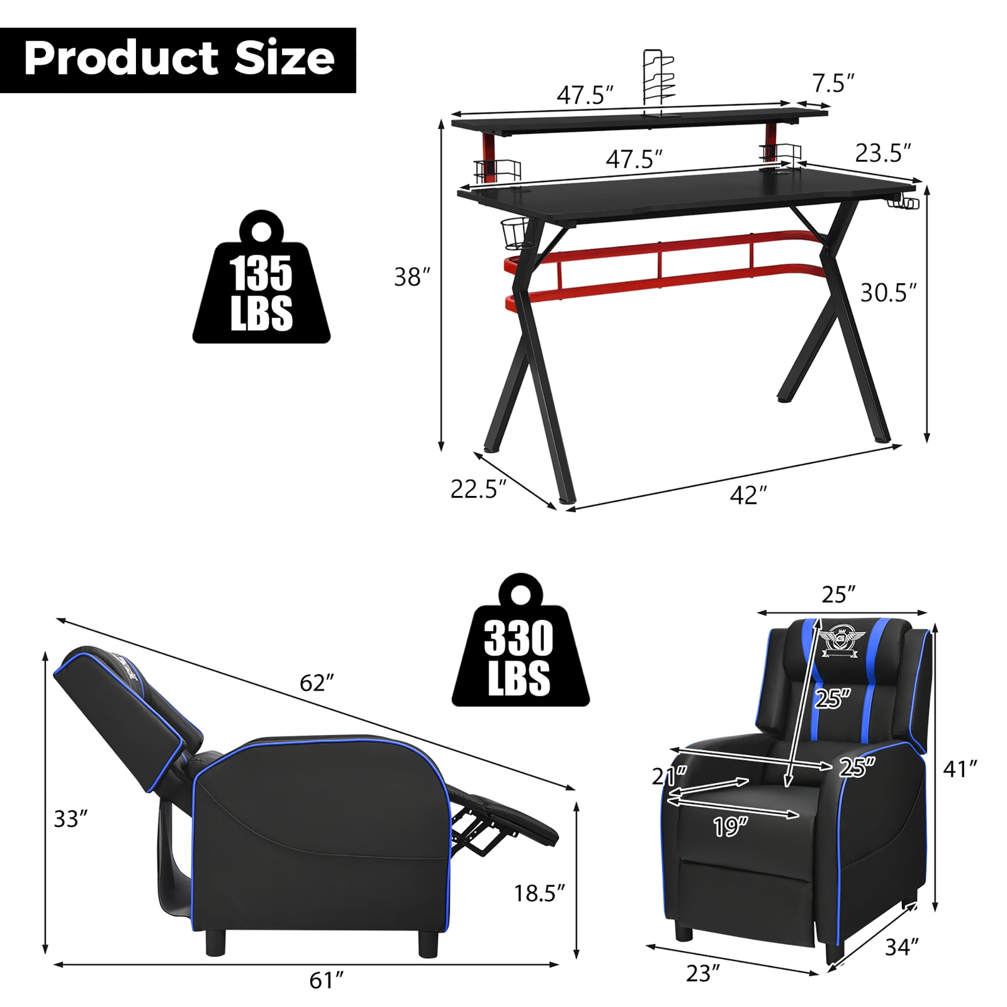 Costway Gaming Desk & Chair Set 48'' Computer Desk & Massage Recliner Chair Black + Blue