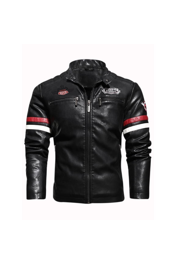 Men's Motorcycle Racing PU Leather Jacket Embroidered Color Block Motorcycle Jacket Contrast Color Coat