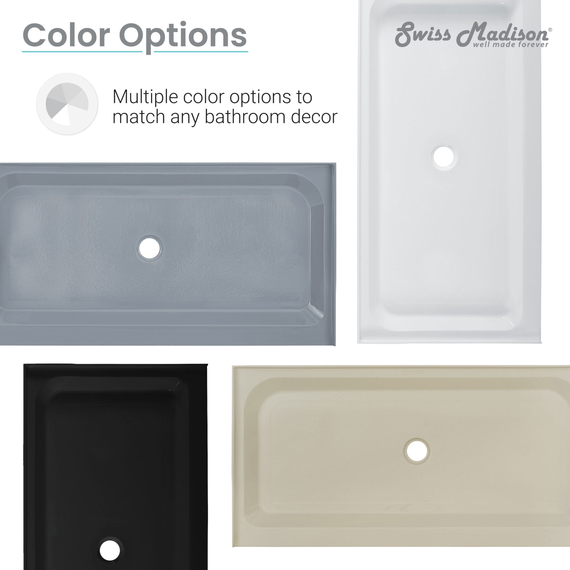 Voltaire 48" x 32" Acrylic White, Single-Threshold, Center Drain, Shower Base