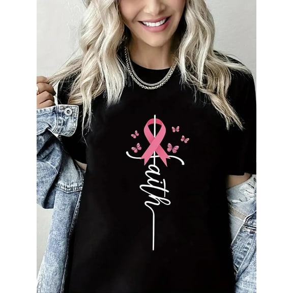 Breast Cancer Tshirt Pink Ribbon Print Short Sleeve Shirt for Women