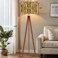 thumbnail image 2 of Wood Tripod Floor Lamp, Mid Century Wood Standing Lamp with 3 Color Temperature Dimmable Standing for Living Room, Bedroom, Office 3D Champaign Gold Diamond Decorative Flaxen Lamp Shade, 2 of 5