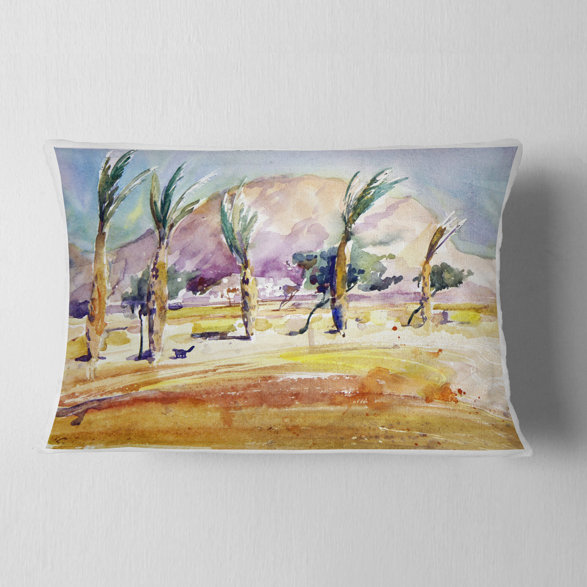 Designart Watercolor Sea and Palm - Landscape Printed Throw Pillow - 12x20