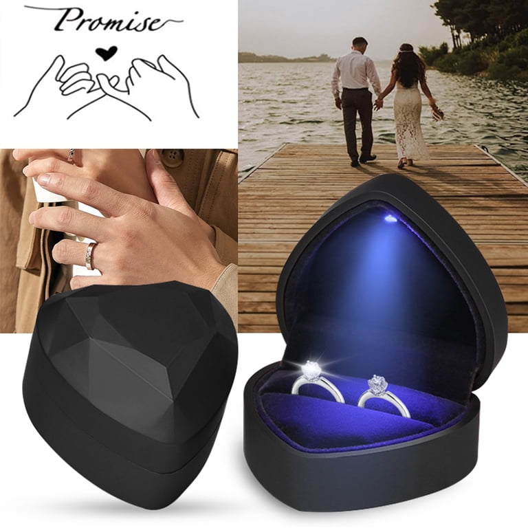 Heart Shaped Ring Box with LED Light, Black Velvet photo 2