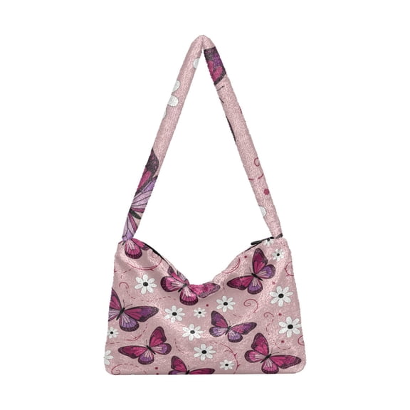 DIXRUYEE Pink Purple Flying Butterflies Print Plush Shoulder Bag Soft Faux Fluffy Hobo Tote Bag With Zipper Closure Casual Lightweight Crossbody Handbag