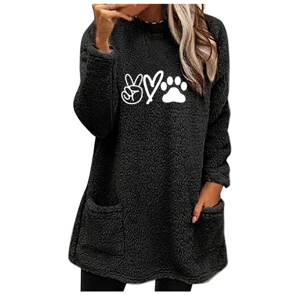 Virmaxy Fall Winter Mid-Length Sherpa Fleece Coat for Women Love Cat's Paw Printed Fuzzy Thicken Blouse Tops Long Sleeve Pullover Shirt Crew Neck Loose Plush Sweatshirt with Pocket Black-A 2XL