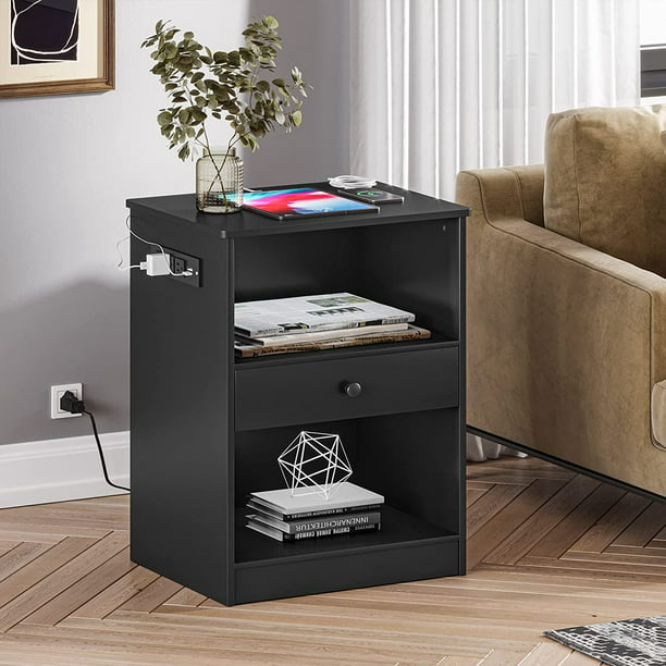 Black Nightstand with Charging Station & Drawers, End Side Table ...